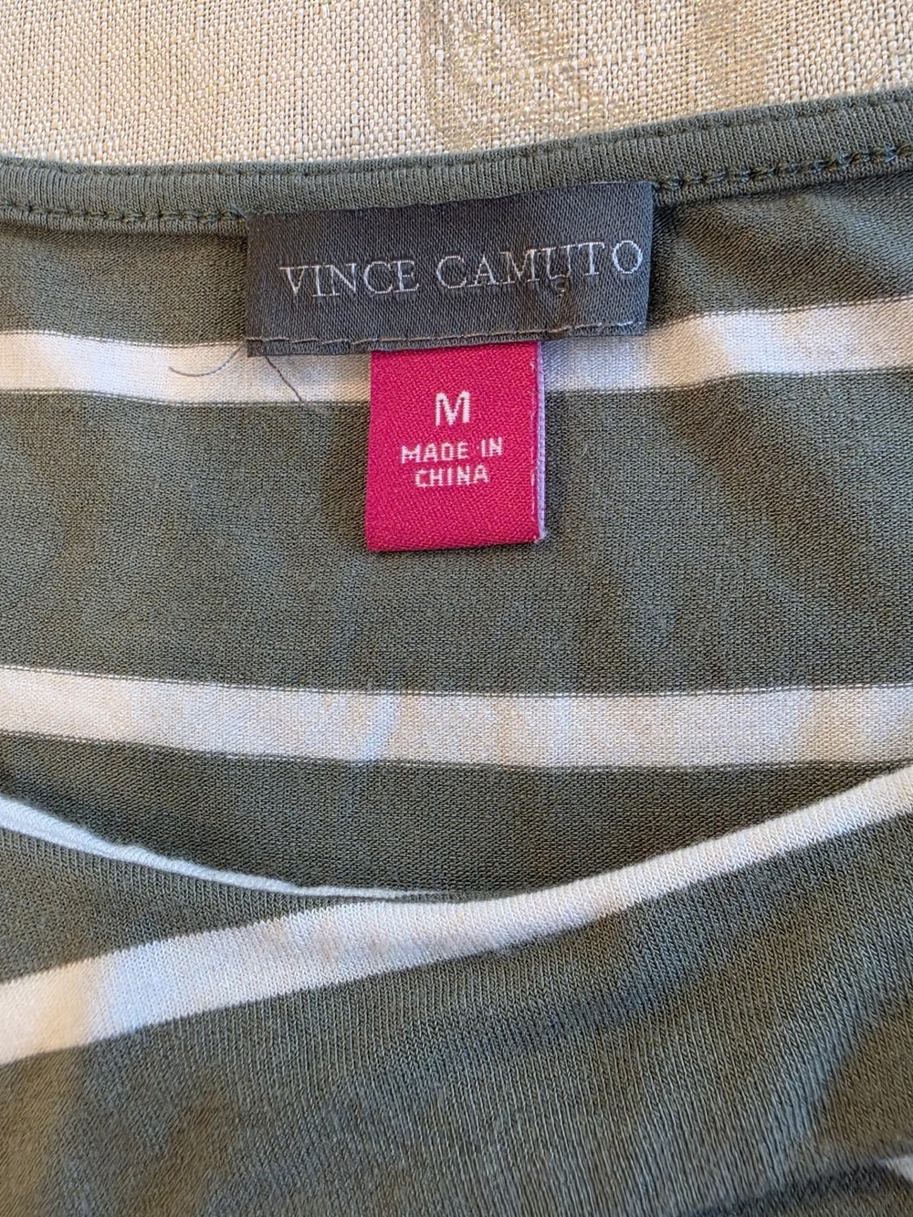 Vince Camuto Olive Green and White Striped Short Sleeve Tee